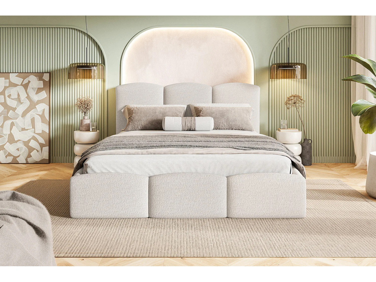 Polsterbett 180x200 Roma Slim mit Metall-Lattenrost - Bettkasten, Bouclé stoff, dickem Schaumstoff (Creme - Anthology 1)