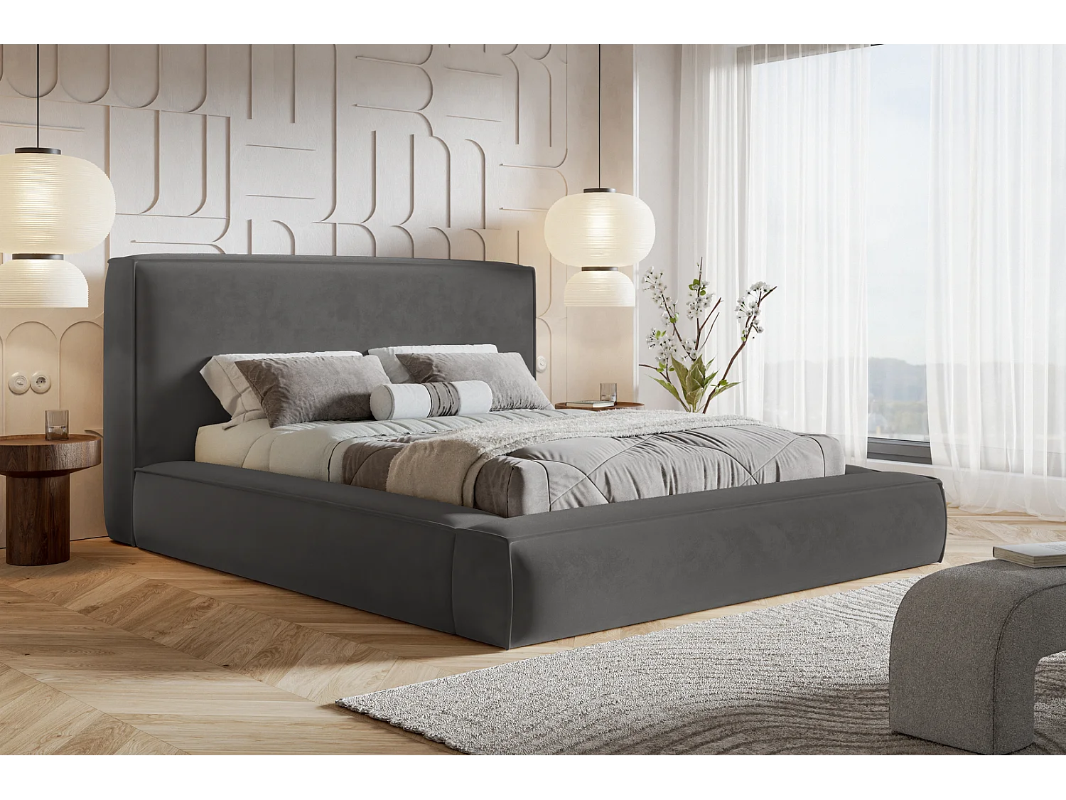 Polsterbett 180x200 Karano mit Metall-Lattenrost - Bettkasten, Samtstoff - Dunkelgrau (Amor Velvet 4321)