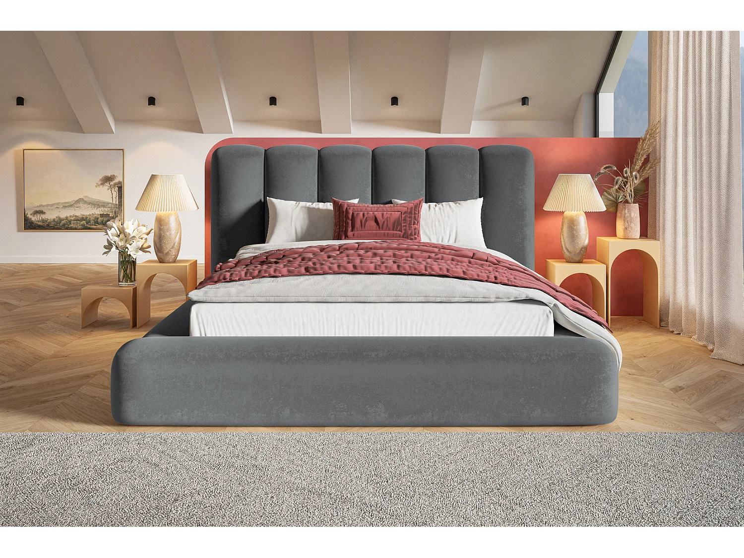 Polsterbett 180x200 Lumaro - Bettkasten, hochwertigem Schaumstoff, Metall-Lattenrost - Dunkelgrau (Amor Velvet 4321)