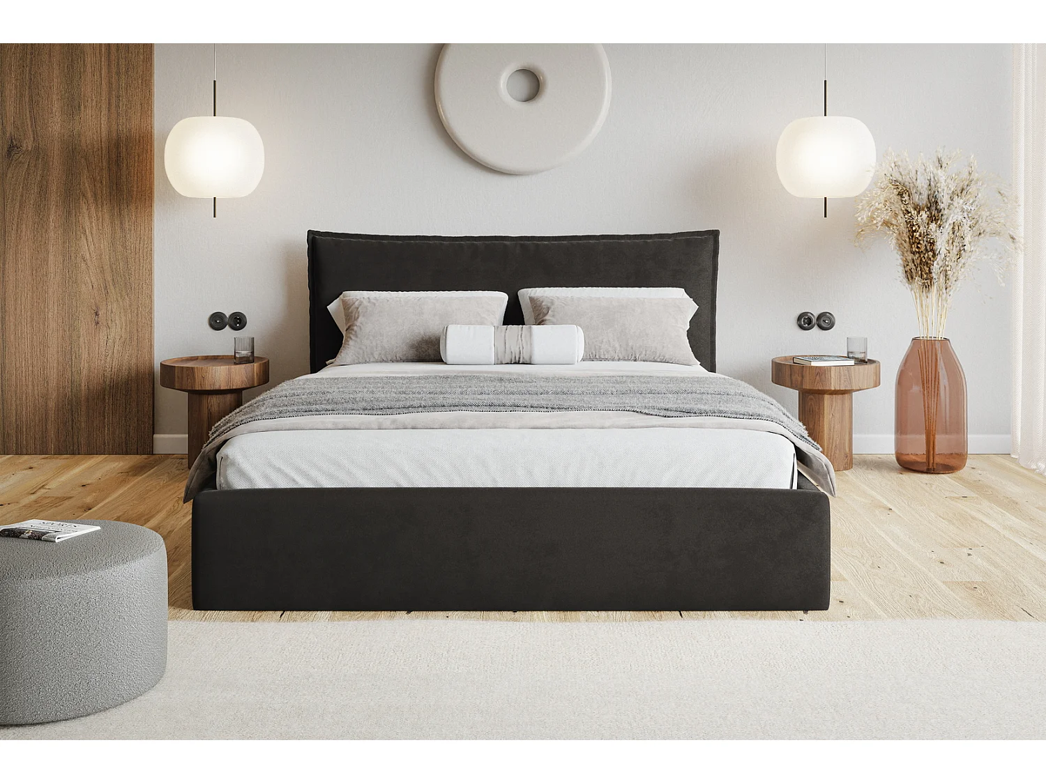 Bed 180x200 Zenito Slim met opbergruimte - hoofdbord in kussenvorm, lattenbodem - Zwart (Amor Velvet 4322)