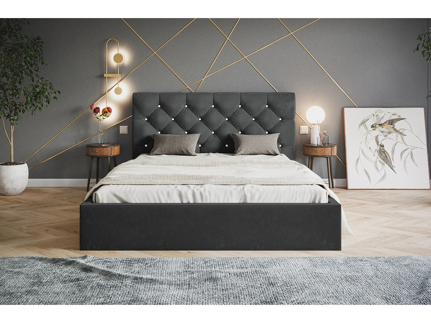Gestoffeerd bed 160x200 Molly met opbergruimte - metalen lattenbodem, fluwelen Donkergrijs (Amor Velvet 4321)
