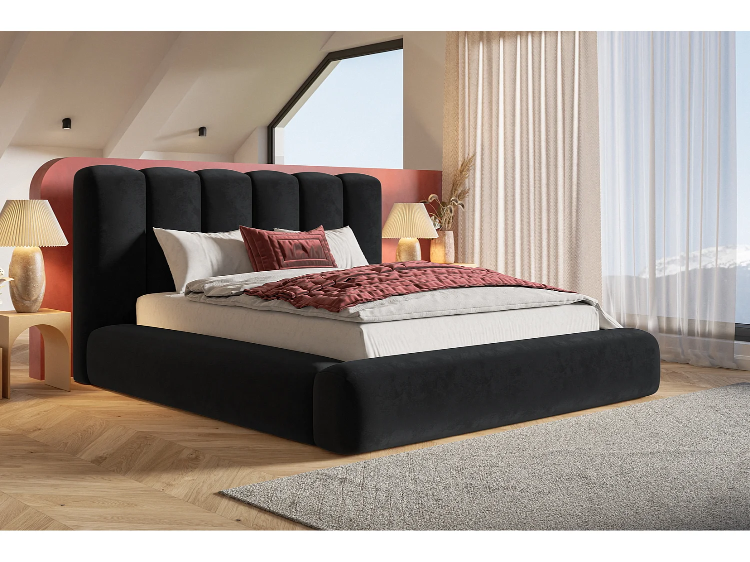 Polsterbett 180x200 Lumaro - Bettkasten, hochwertigem Schaumstoff, Lattenrost - Schwarz (Amor Velvet 4322)