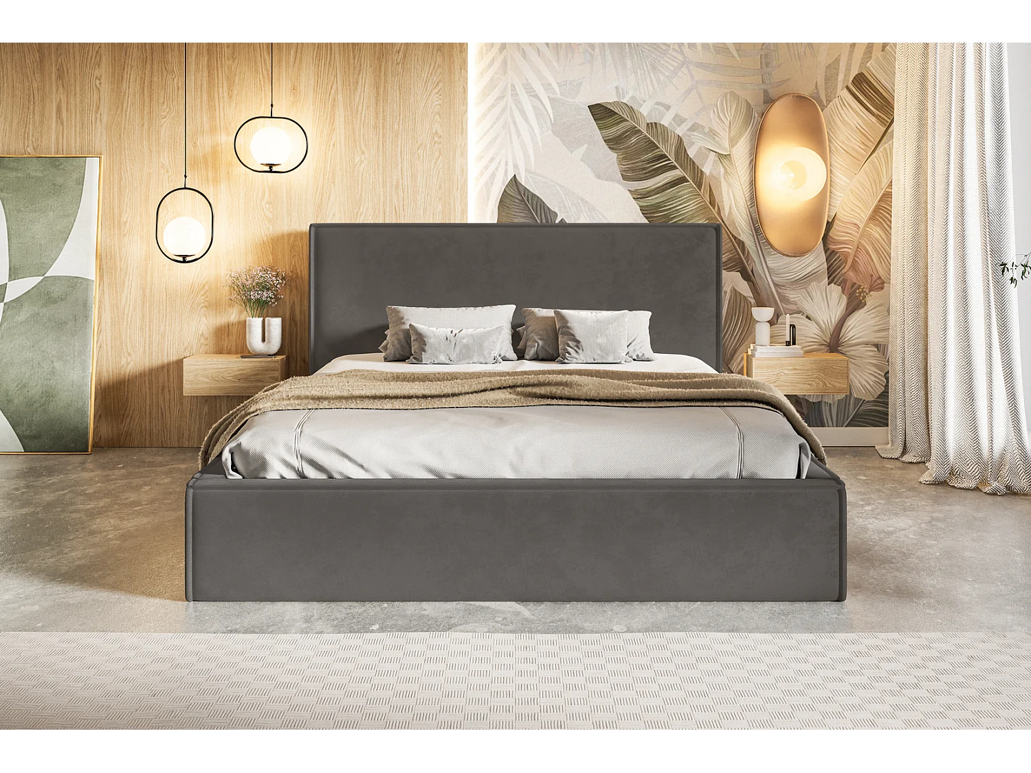 Gestoffeerd bed 200x200 Kyoto - tweepersoonsbed met opbergruimte - metalen lattenbodem, fluwelen Donkergrijs (Amor Velvet 4321)