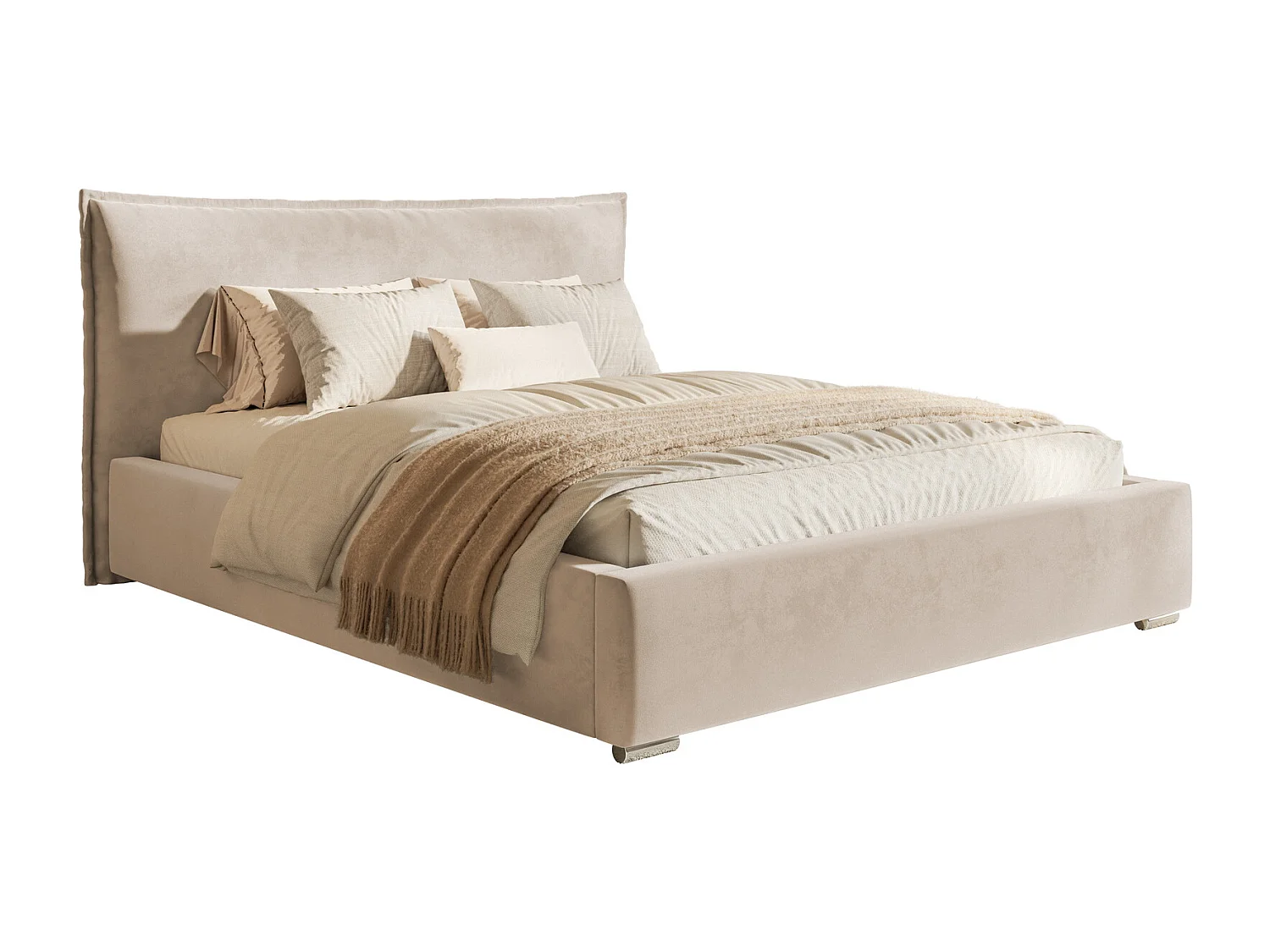 Doppelbett 180x200 Zenito mit Bettkasten - Samtstoff, Kissen-Kopfteil, Metall-Lattenrost - Beige (Amor Velvet 4304)