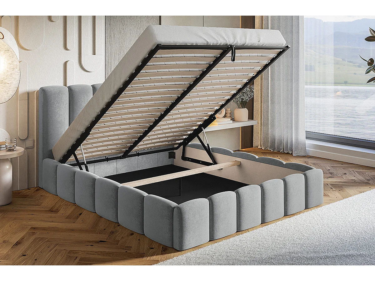 Gestoffeerd bed 140x200 Palermo met lattenbodem - opbergruimte, fluwelen Blauw (Kronos 09)