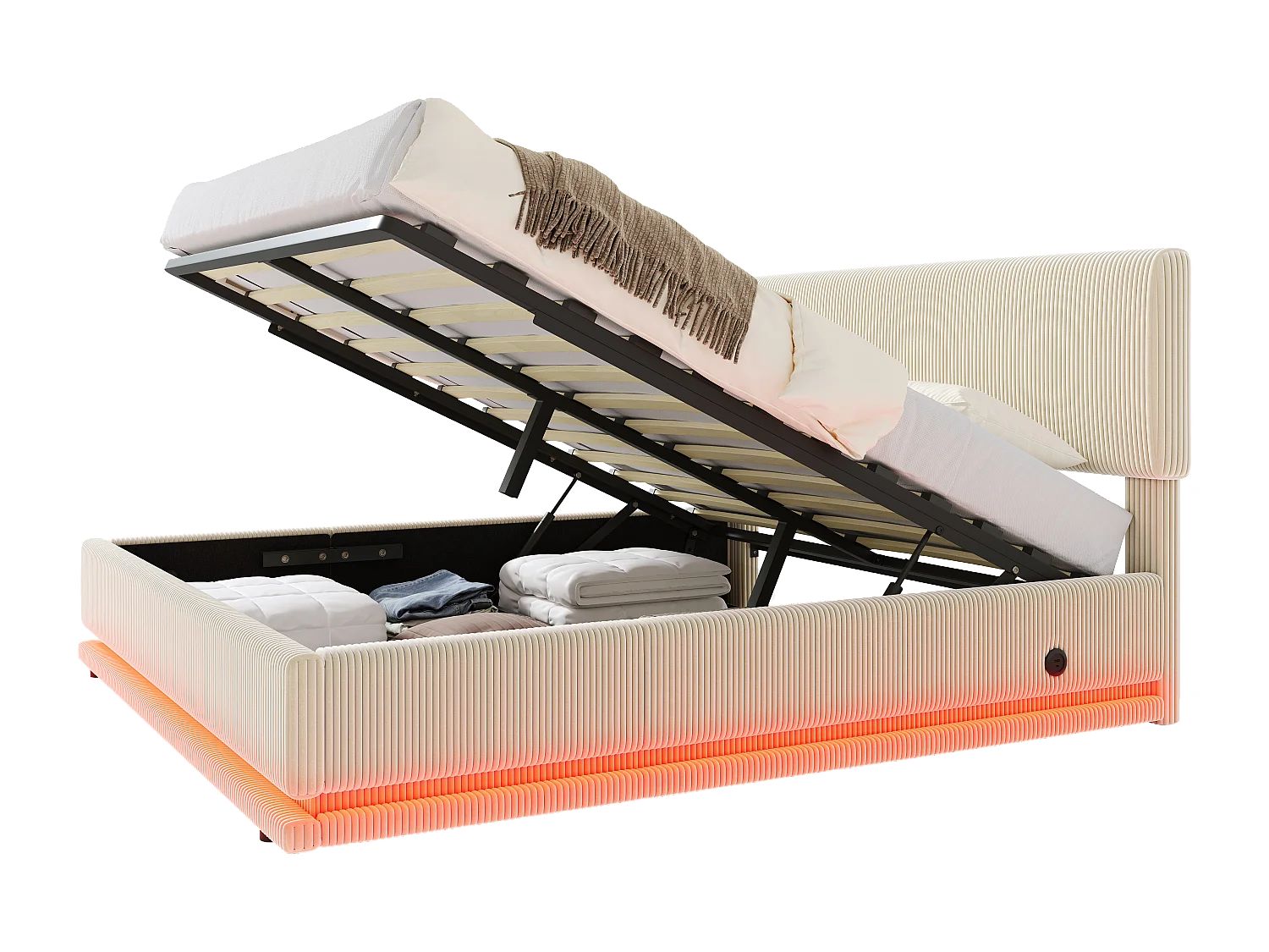 LUMA - Lit Coffre Rembourré 160x200 cm - Tête Réglable, LED, USB-C, Rangement - Velours Côtelé - Idéal Chambre à Coucher