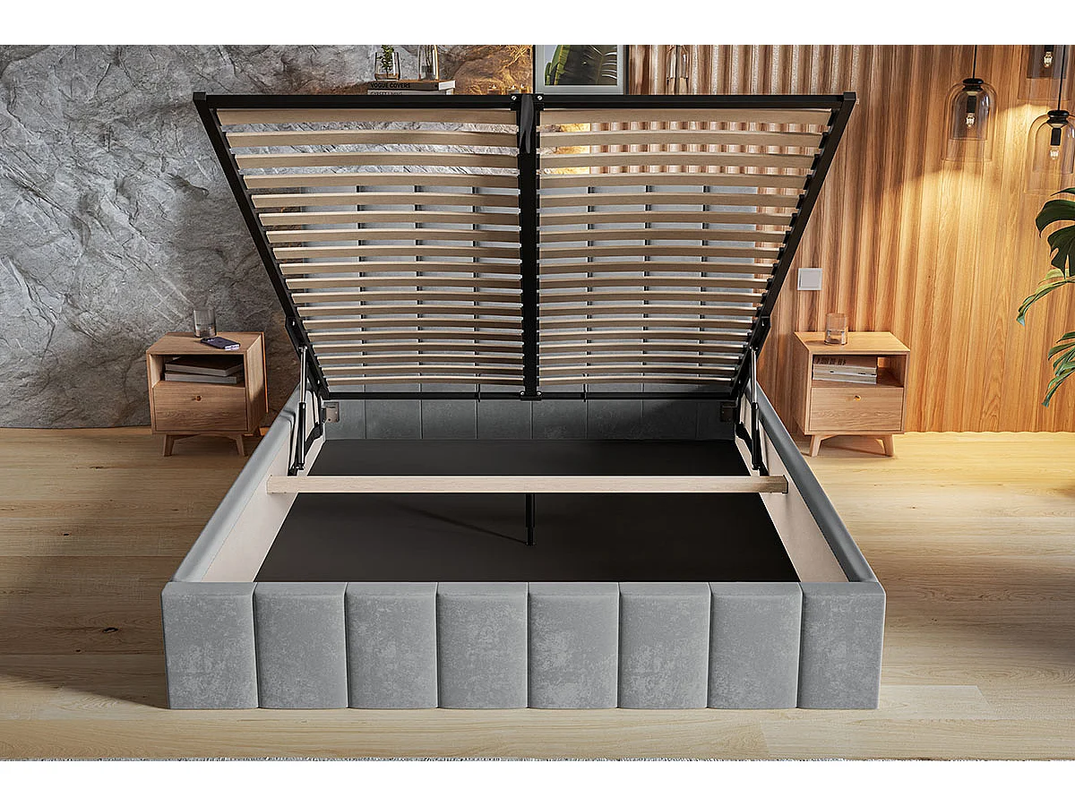 Tweepersoonsbed 140 x 200 cm Moris - bed met opbergruimte,  metalen lattenbodem - fluweel Blauw (Kronos 09)