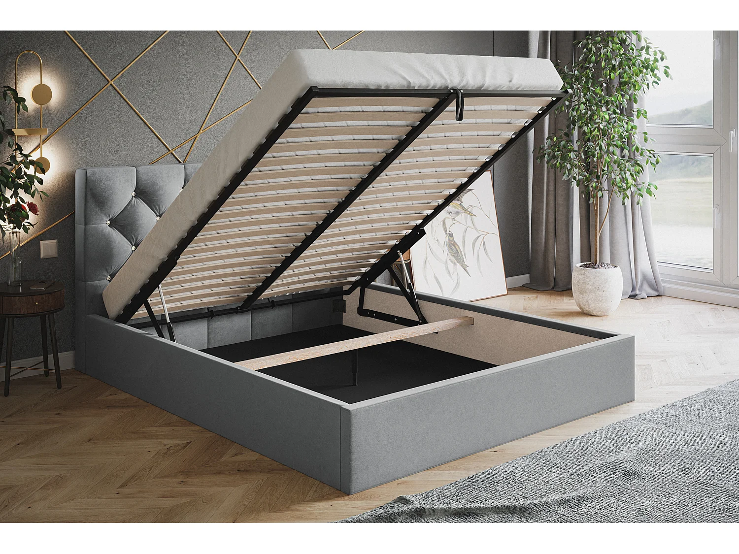 Gestoffeerd bed 140x200 Molly met opbergruimte - metalen lattenbodem, fluwelen Donkergrijs (Amor Velvet 4321)