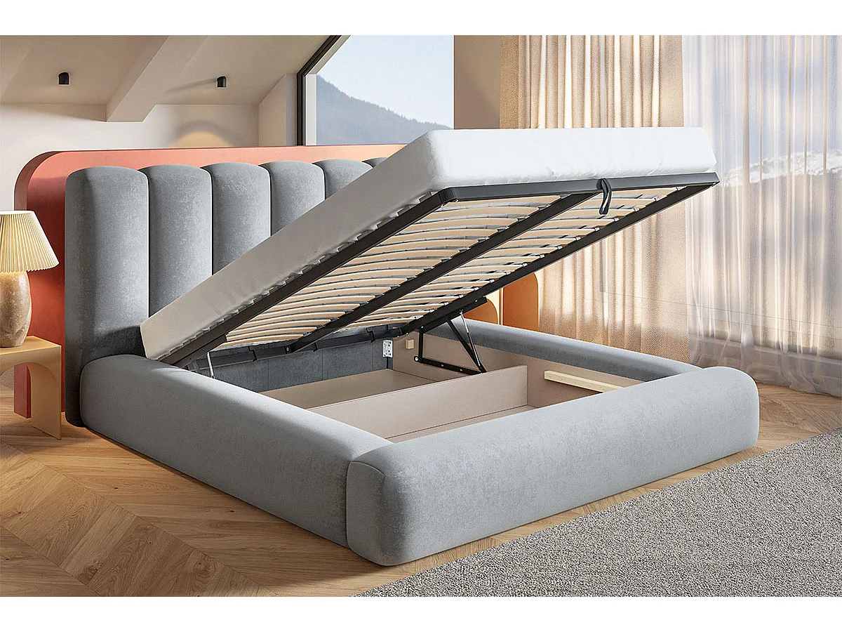 Gestoffeerd bed 160x200 Lumaro met opbergruimte - metalen lattenbodem, Lichtgrijs (Amor Velvet 4318)