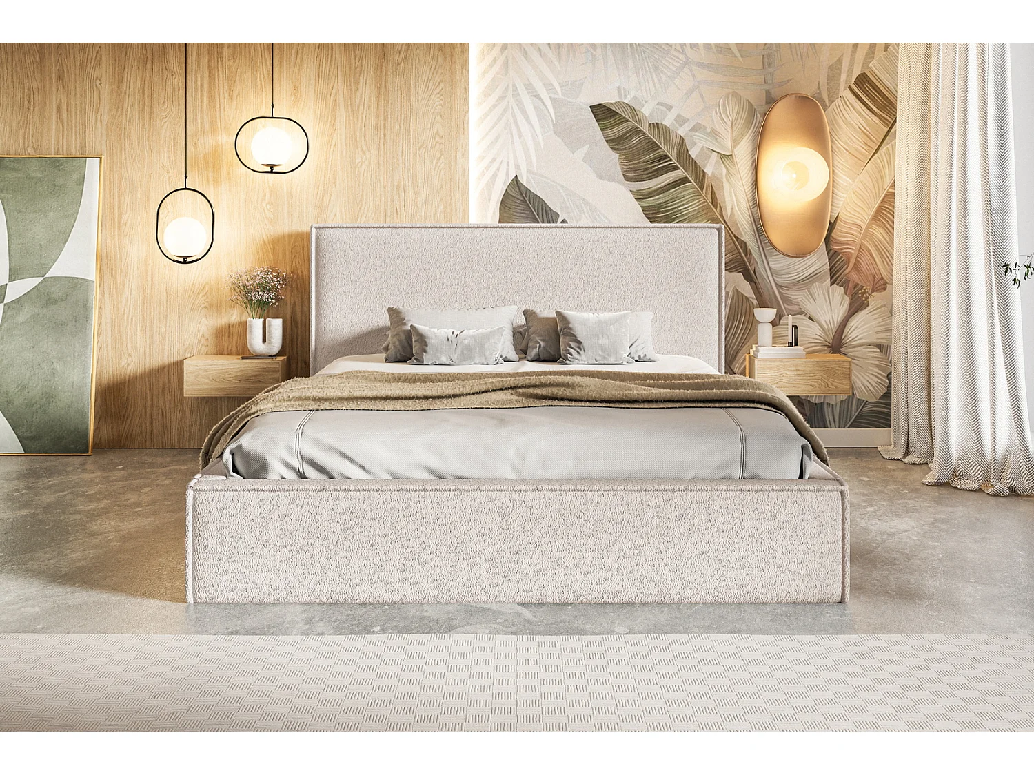 Gestoffeerd bed 200x200 Kyoto - tweepersoonsbed met opbergruimte metalen lattenbodem - Bouclé Beige (Anthology 3)