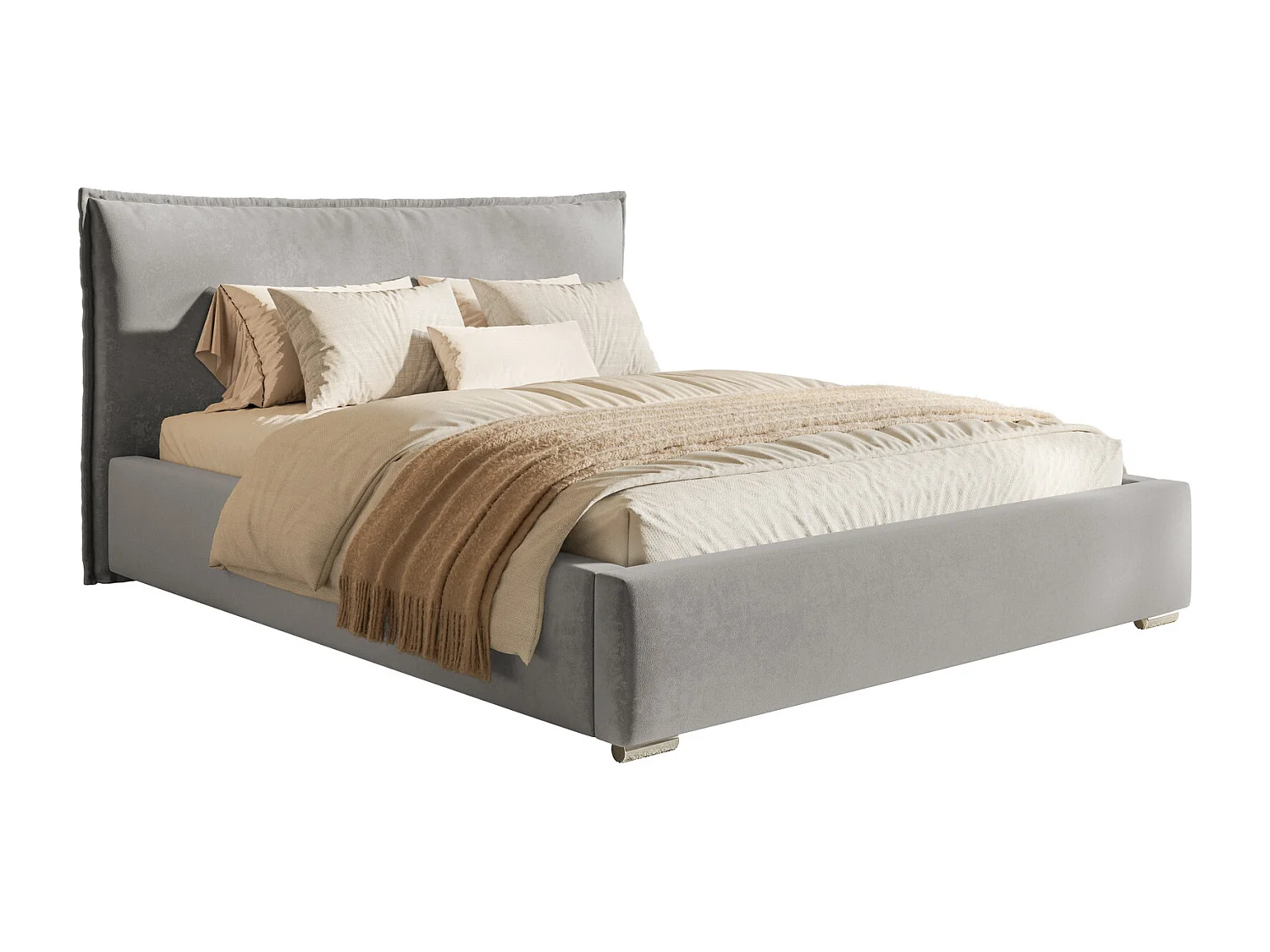 Doppelbett 180x200 Zenito mit Bettkasten - Samtstoff, Kissen-Kopfteil, Metall-Lattenrost - Hellgrau (Amor Velvet 4318)