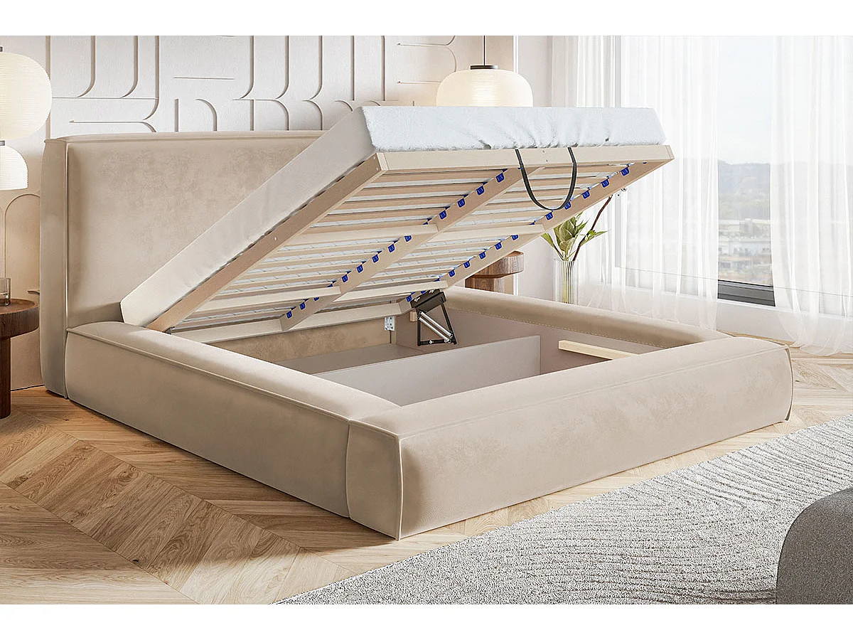 Gestoffeerd bed 140x200 Karano - fluweel, bed met opbergruimte, lattenbodem, Donkergrijs (Amor Velvet 4321)