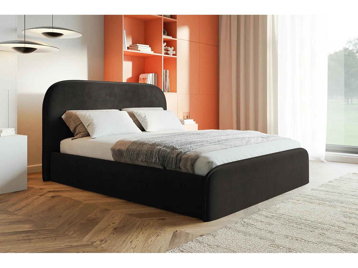 Tweepersoonsbed 180x200 Wendra met lattenbodem - hoofdbord, opbergruimte - Zwart (Amor Velvet 4322)