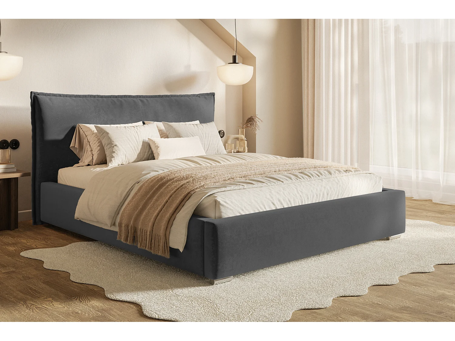 Doppelbett 140x200 Zenito mit Bettkasten - Samtstoff, Kissen-Kopfteil, Metall-Lattenrost - Dunkelgrau (Amor Velvet 4321)