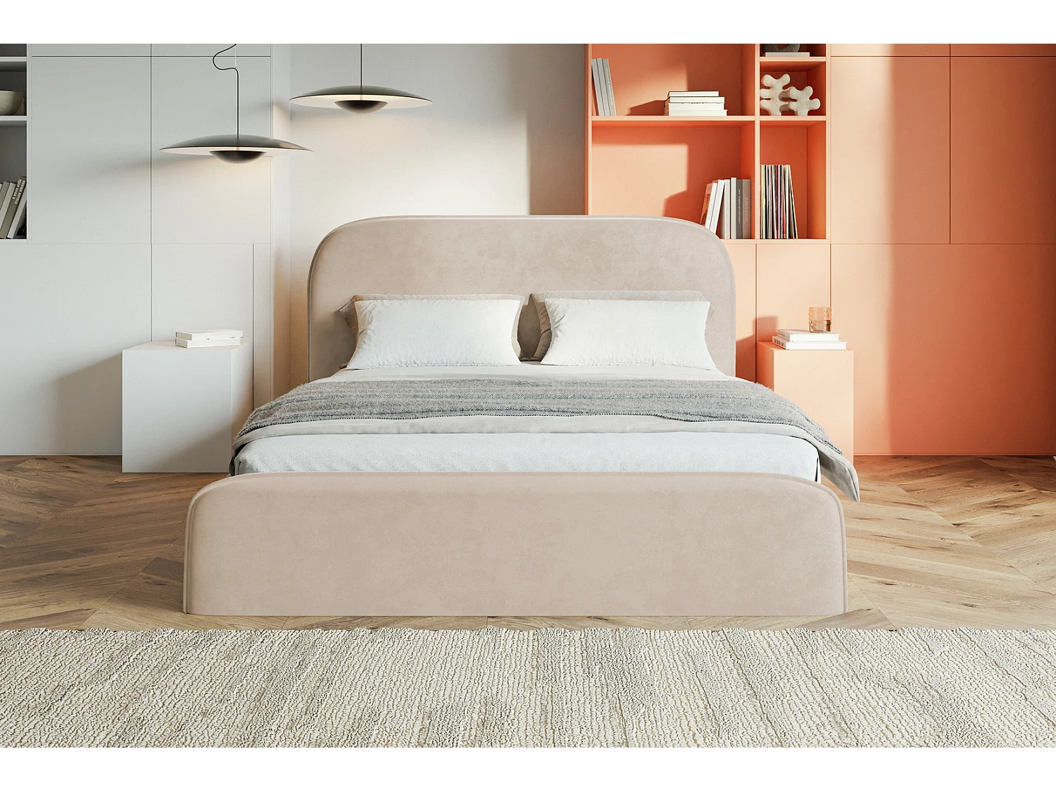 Tweepersoonsbed 140x200 Wendra met lattenbodem - hoofdbord, opbergruimte - Beige (Amor Velvet 4304)