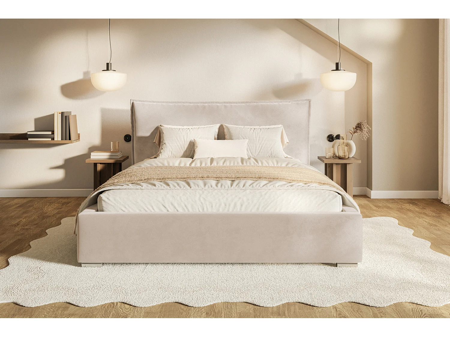 Tweepersoonsbed 140x200 Zenito met opbergruimte - hoofdbord in kussenvorm, metalen lattenbodem - Beige (Amor Velvet 4304)