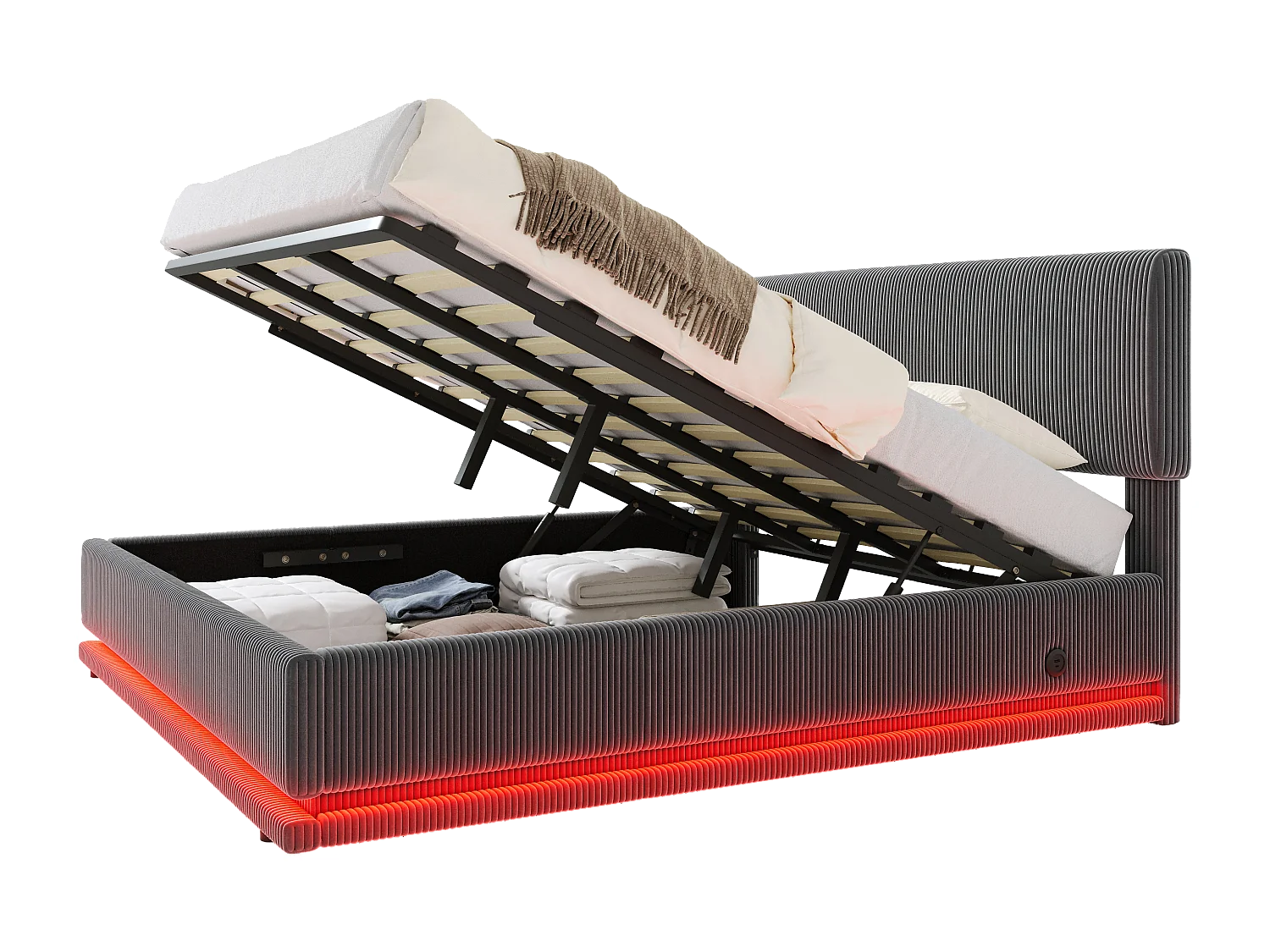 LUMA - Lit Coffre Rembourré 160x200 cm - Tête Réglable, LED, USB-C, Rangement - Velours Côtelé - Idéal Chambre à Coucher