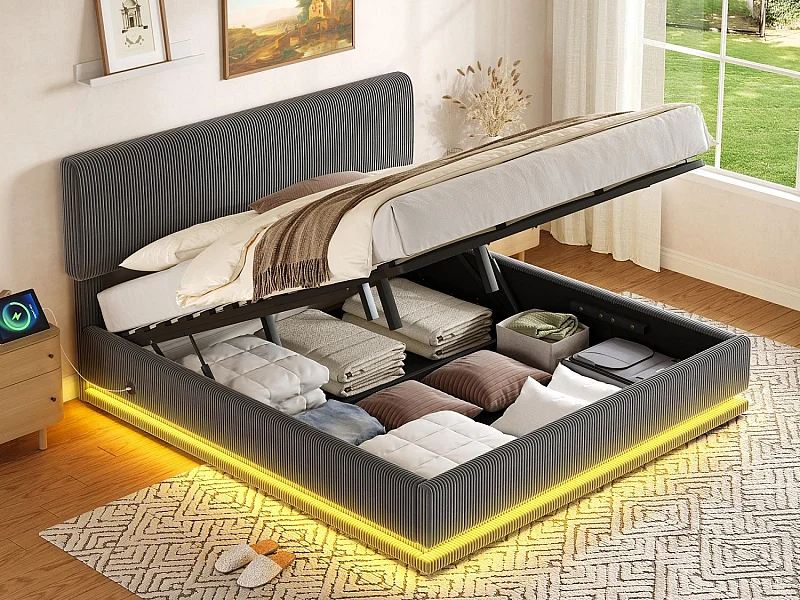 LUMA - Lit Coffre Rembourré 160x200 cm - Tête Réglable, LED, USB-C, Rangement - Velours Côtelé - Idéal Chambre à Coucher