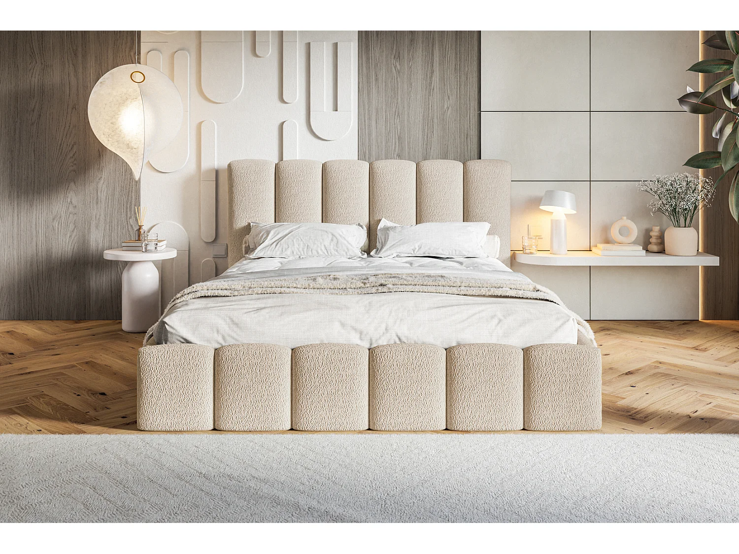 Gestoffeerd bed 140x200 Palermo met metalen lattenbodem - opbergruimte, Bouclé Beige (Anthology 3)