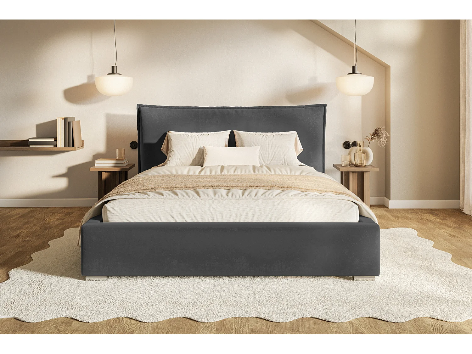 Doppelbett 160x200 Zenito mit Bettkasten - Samtstoff, Kissen-Kopfteil, Metall-Lattenrost - Dunkelgrau (Amor Velvet 4321)