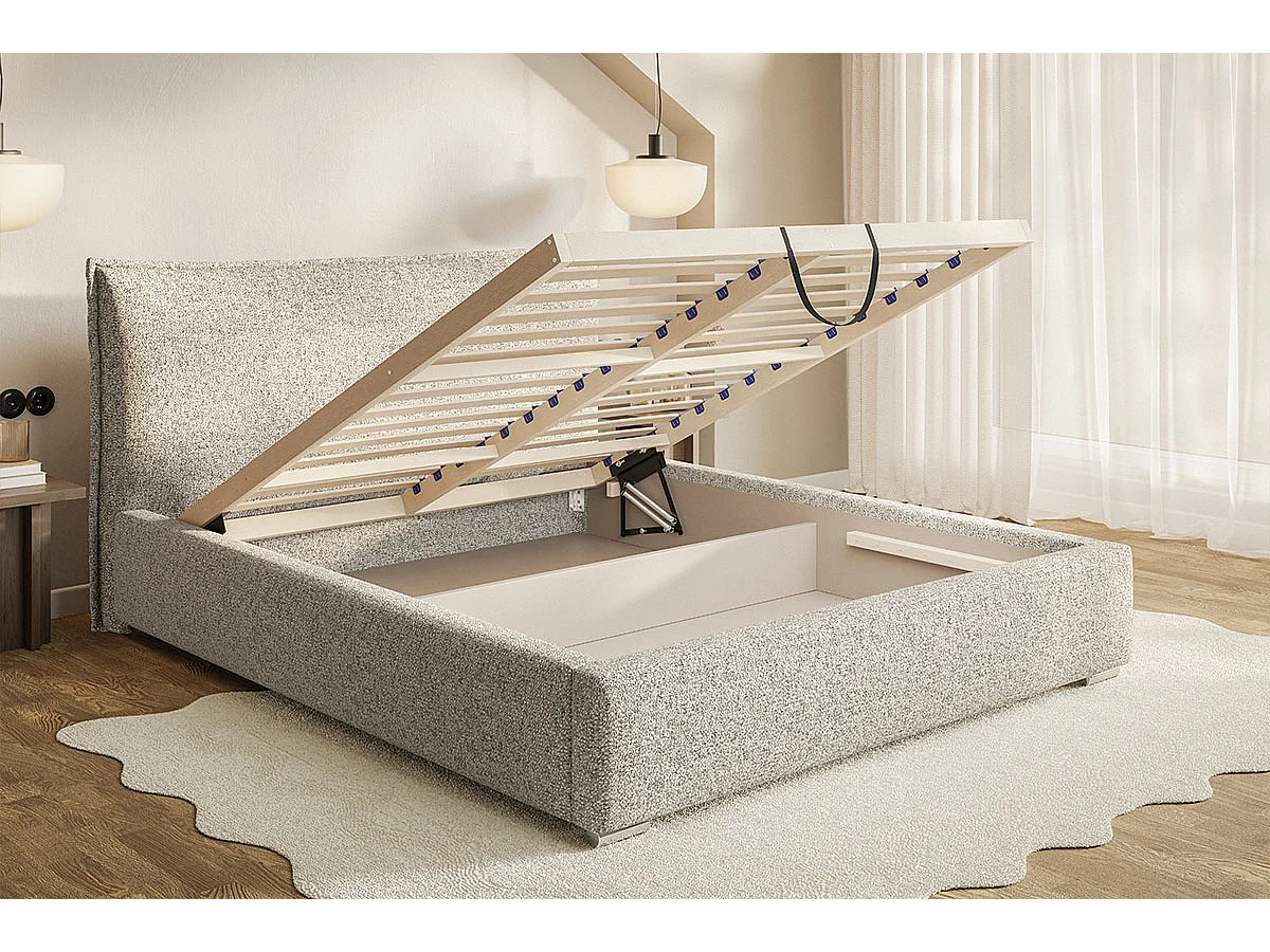 Doppelbett 160x200 Zenito mit Bettkasten - Samtstoff, Kissen-Kopfteil, Metall-Lattenrost - Dunkelgrau (Amor Velvet 4321)