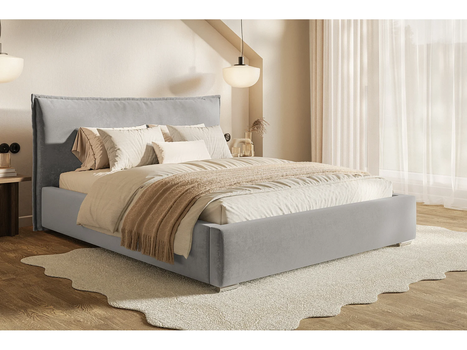 Tweepersoonsbed 160x200 Zenito met opbergruimte - hoofdbord in kussenvorm - Lichtgrijs (Amor Velvet 4318)