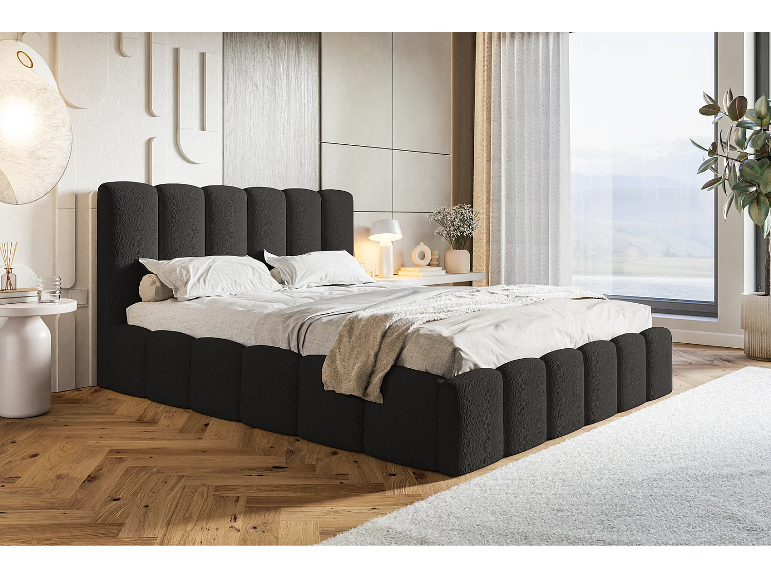 Gestoffeerd bed 180x200 Palermo met metalen lattenbodem - opbergruimte, Bouclé Zwart (Anthology 19)