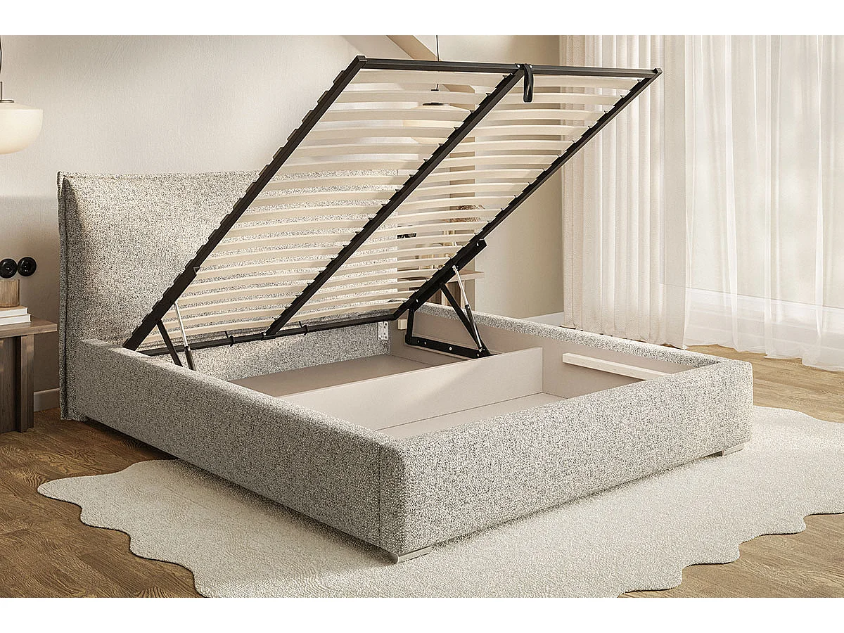 Tweepersoonsbed 200x200 Zenito met opbergruimte - hoofdbord in kussenvorm, metalen lattenbodem - Donkergrijs (Amor Velvet 4321)