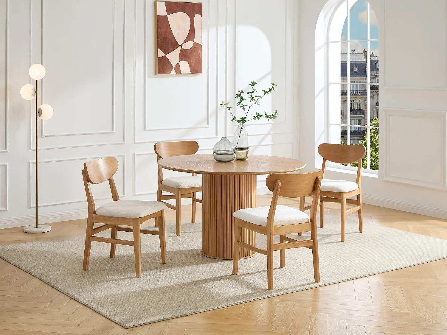 Lot de 6 chaises en tissu texturé et bois d'hévéa naturel - Crème - LERANIA