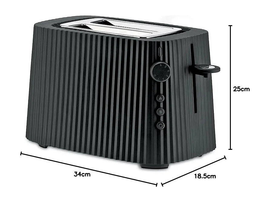 Torradeira Alessi Plissé MDL08B preta design elegante por Michele De Lucchi, dimensões 34x25x18,5 cm