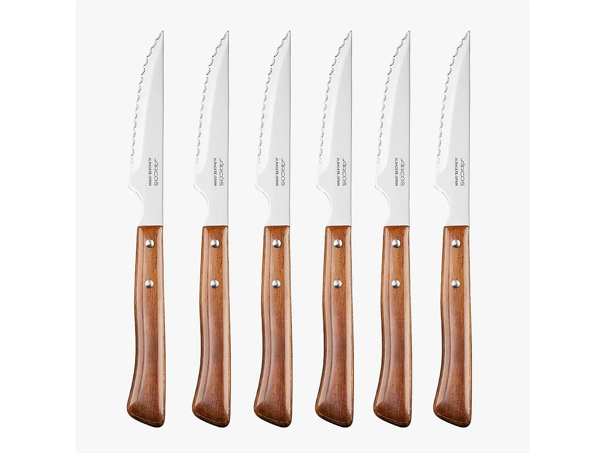 Set da 6 Coltelli da Bistecca Arcos Forest Lama NITRUM® 11 cm Manico in Legno di Faggio Compresso