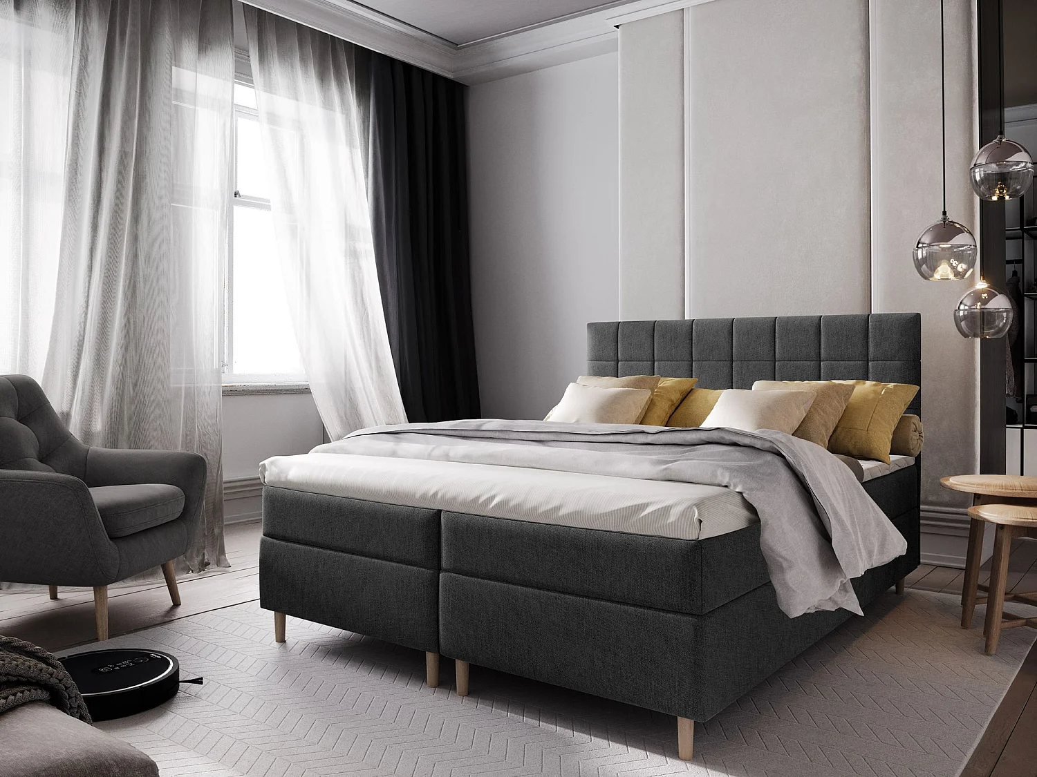 Boxspringbed IBIZA 140x200 cm Set met hoofdbord, bedbodem en matras, Antracietgrijs