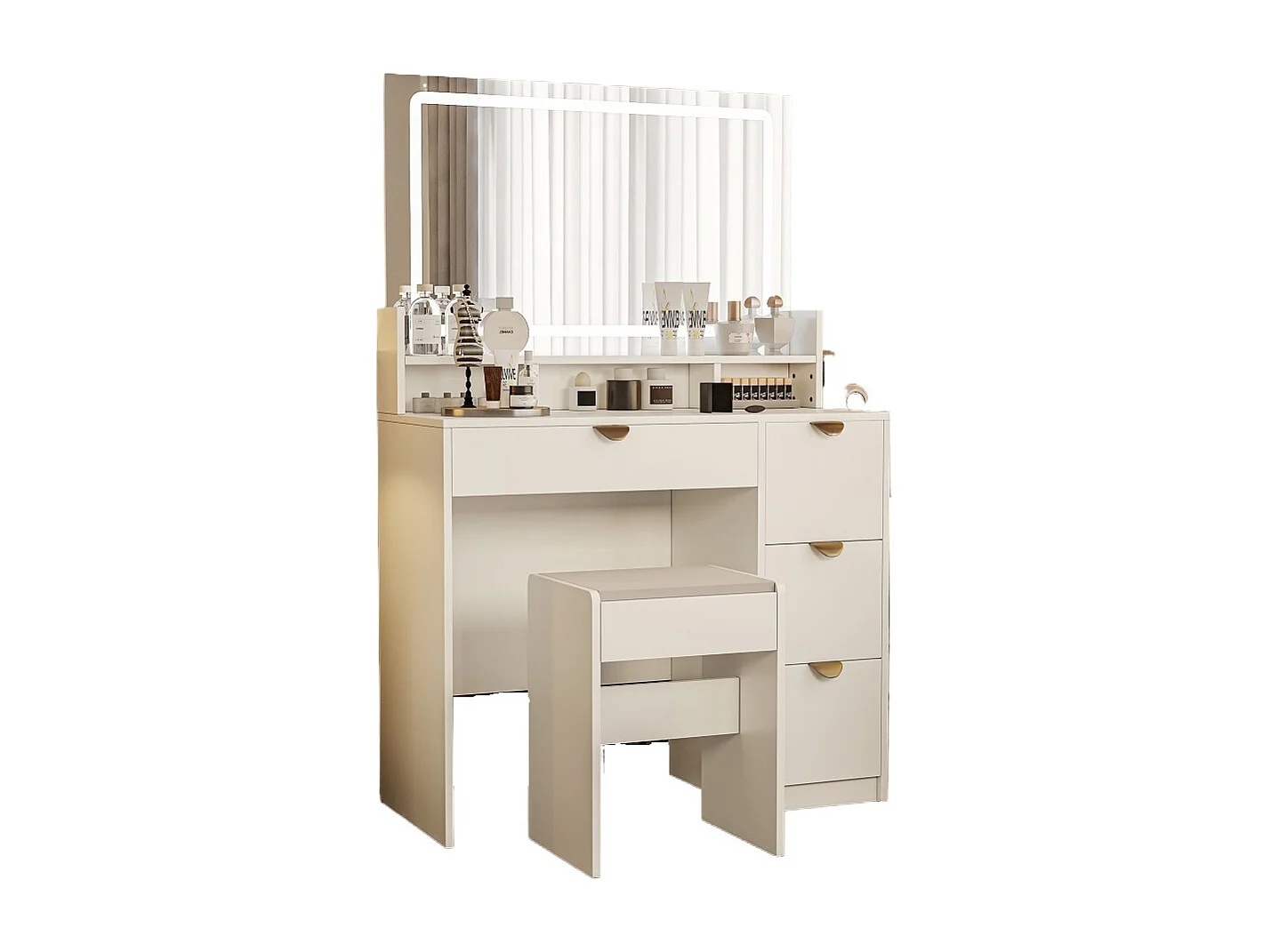 Dressing Table avec LED Miroir USB Port de charge -4 tiroirs et support sèche-cheveux Dressing Table moderne pour la chambre à coucher