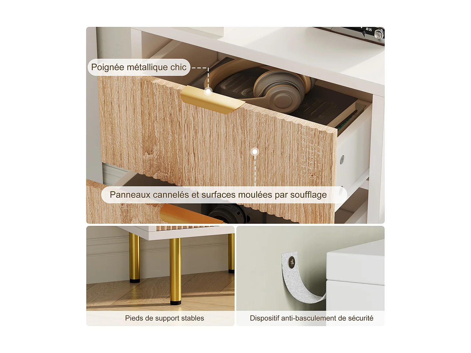 Table de nuit 2PCS avec 3 tiroirs-commode-tiroirs-table de nuit avec beaucoup d'espace de stockage,-Cabinet en bois pour couloir de chambre