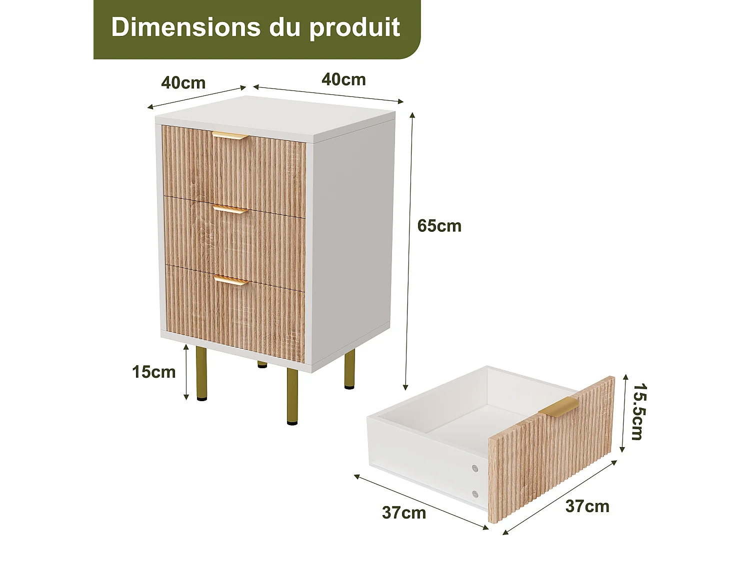 Table de nuit 2PCS avec 3 tiroirs-commode-tiroirs-table de nuit avec beaucoup d'espace de stockage,-Cabinet en bois pour couloir de chambre