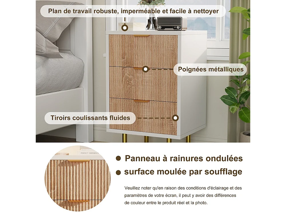 Table de nuit 2PCS avec 3 tiroirs-commode-tiroirs-table de nuit avec beaucoup d'espace de stockage,-Cabinet en bois pour couloir de chambre