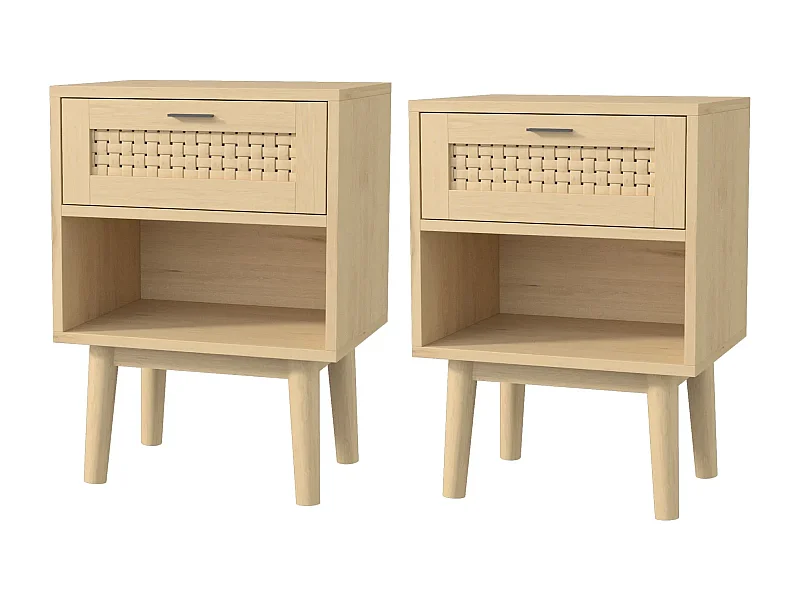 2pcs Boho Style Nightstands-Table de lit en bois avec tiroirs et étagère ouverte-jambes solides Table latérale pour le salon Chambre à coucher