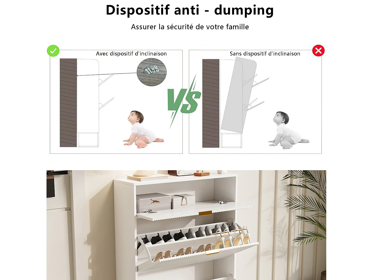 Armoire de chaussures avec 2 rabats-armoire de chaussures moderne-étroit porte-chaussures pour couloir salon zone d'entrée-poignées d'or, blanc