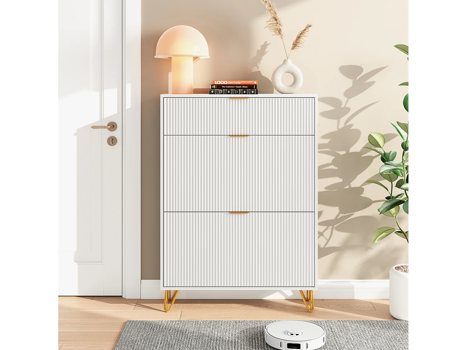 Armoire de chaussures avec 2 rabats-armoire de chaussures moderne-étroit porte-chaussures pour couloir salon zone d'entrée-poignées d'or, blanc