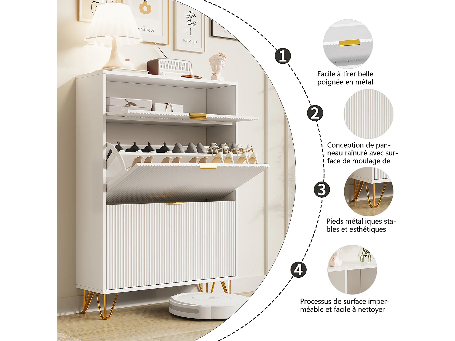 Smalle witte schoenenkast met 2 kleppen, gouden handgrepen, opvouwbare meerlaagse opbergruimte voor hal en entree