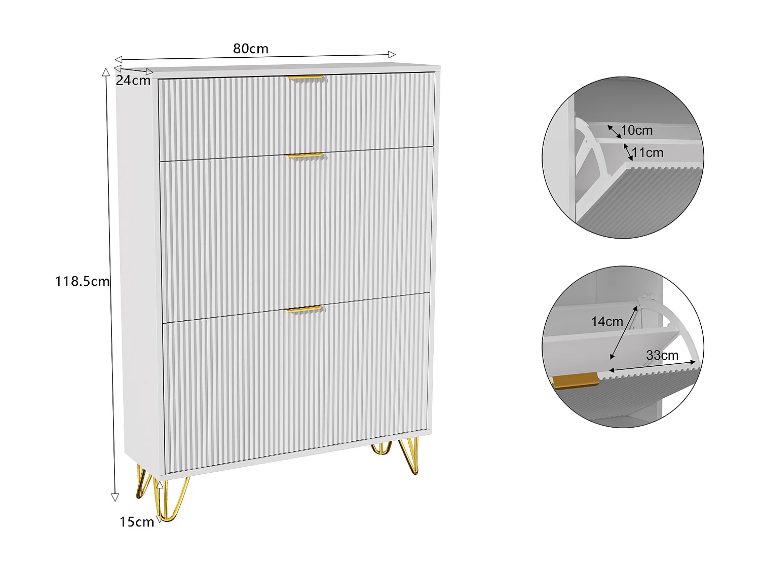 Smalle witte schoenenkast met 2 kleppen, gouden handgrepen, opvouwbare meerlaagse opbergruimte voor hal en entree