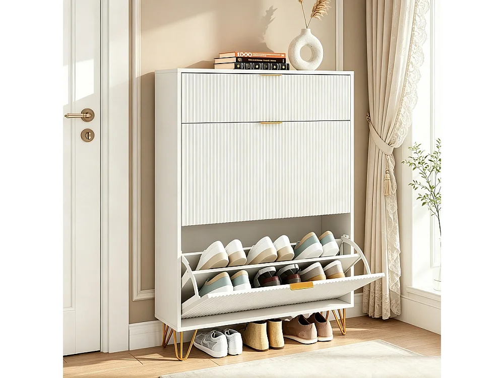 Moderne Smalle Schoenenkast met Opvouwbare Deur, Gouden Handvatten, Wit