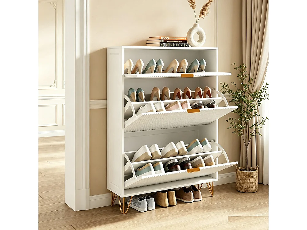 Moderne Smalle Schoenenkast met Opvouwbare Deur, Gouden Handvatten, Wit