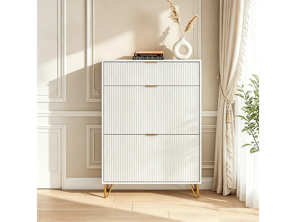 Moderne Smalle Schoenenkast met Opvouwbare Deur, Gouden Handvatten, Wit