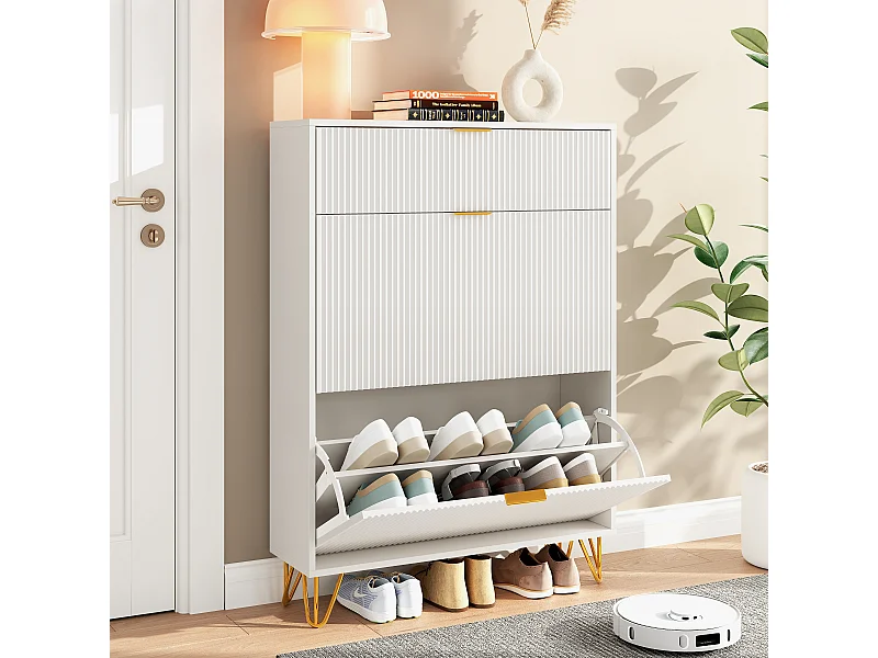 Armoire de chaussures avec 2 rabats-armoire de chaussures moderne-étroit porte-chaussures pour couloir salon zone d'entrée-poignées d'or, blanc