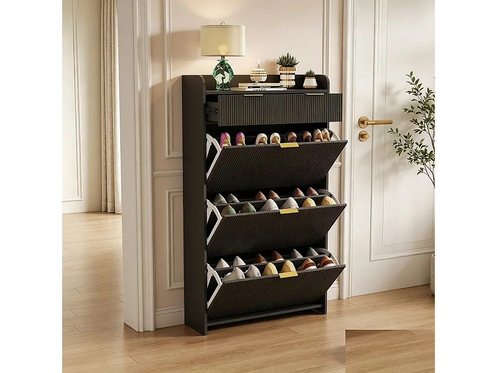 Armoire à chaussures avec 3 rabats et 1 tiroir-porte-chaussures Shoemaker étroit-anti-inclinaison dispositif-porte-chaussures pour salon couloir-noir