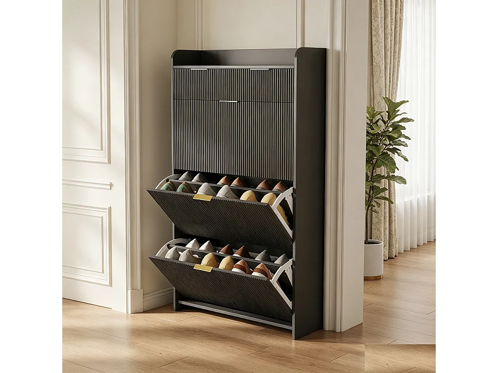 Armoire à chaussures avec 3 rabats et 1 tiroir-porte-chaussures Shoemaker étroit-anti-inclinaison dispositif-porte-chaussures pour salon couloir-noir