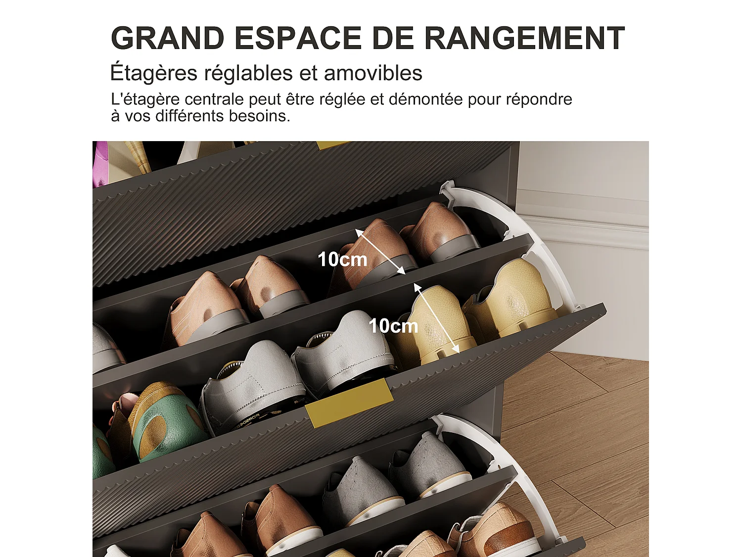 Armoire à chaussures avec 3 rabats et 1 tiroir-porte-chaussures Shoemaker étroit-anti-inclinaison dispositif-porte-chaussures pour salon couloir-noir