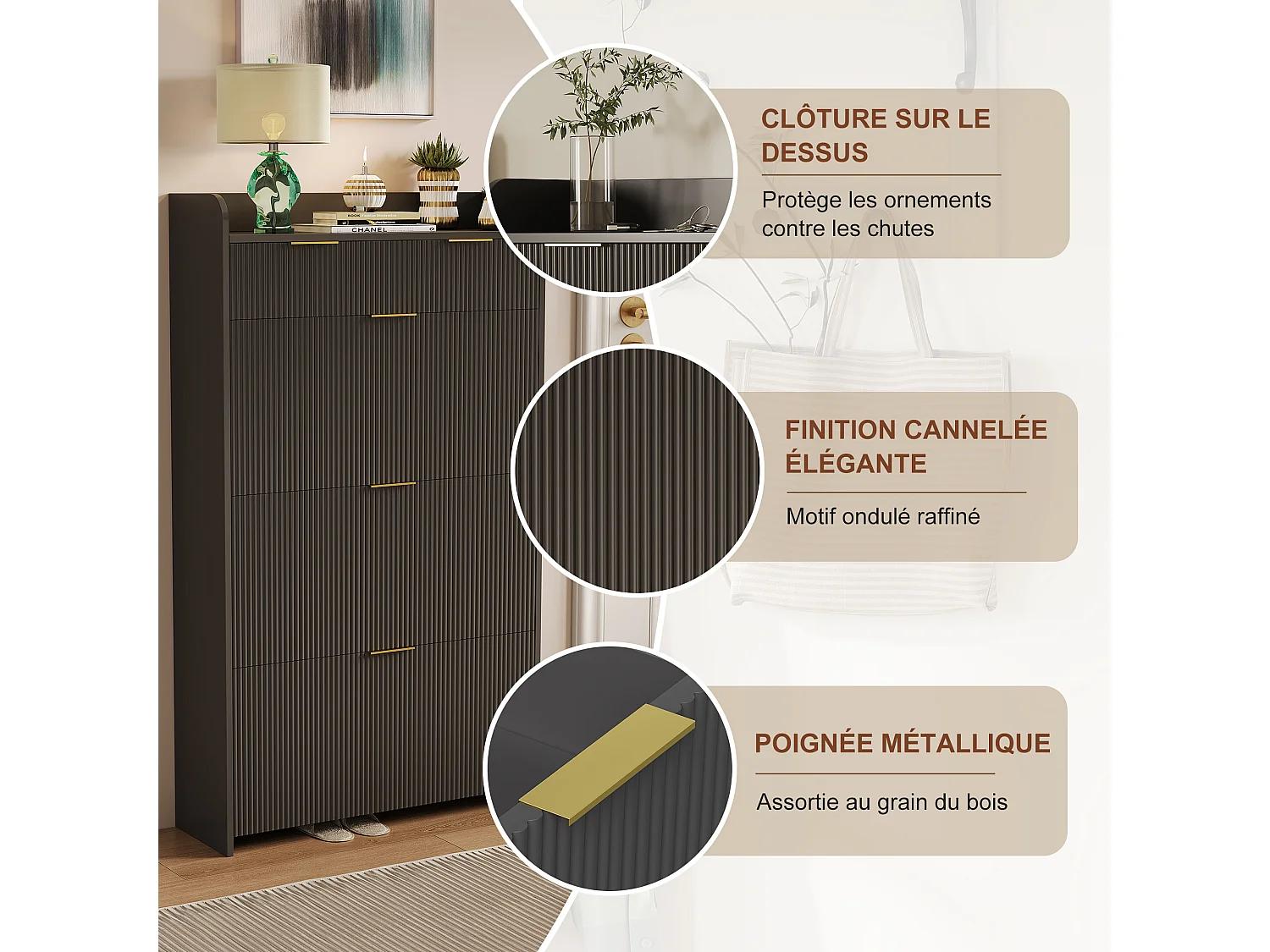 Armoire à chaussures avec 3 rabats et 1 tiroir-porte-chaussures Shoemaker étroit-anti-inclinaison dispositif-porte-chaussures pour salon couloir-noir