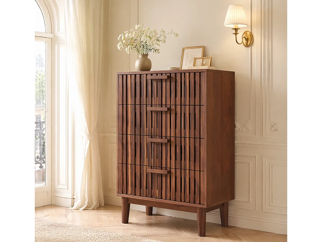 4 tiroirs Armoire à manger-Cuisine Couverture-Salon Stockage Armoire-Chambre à coucher Couleur en bois de noix